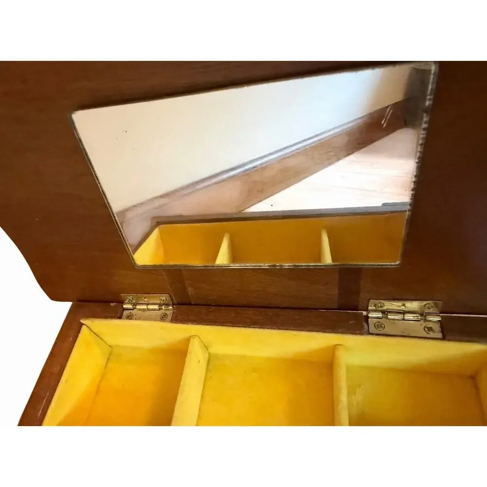 Vintage Wooden Jewelry Box 3 Drawers & Mirror Mini Dresser Style Yellow Velvet